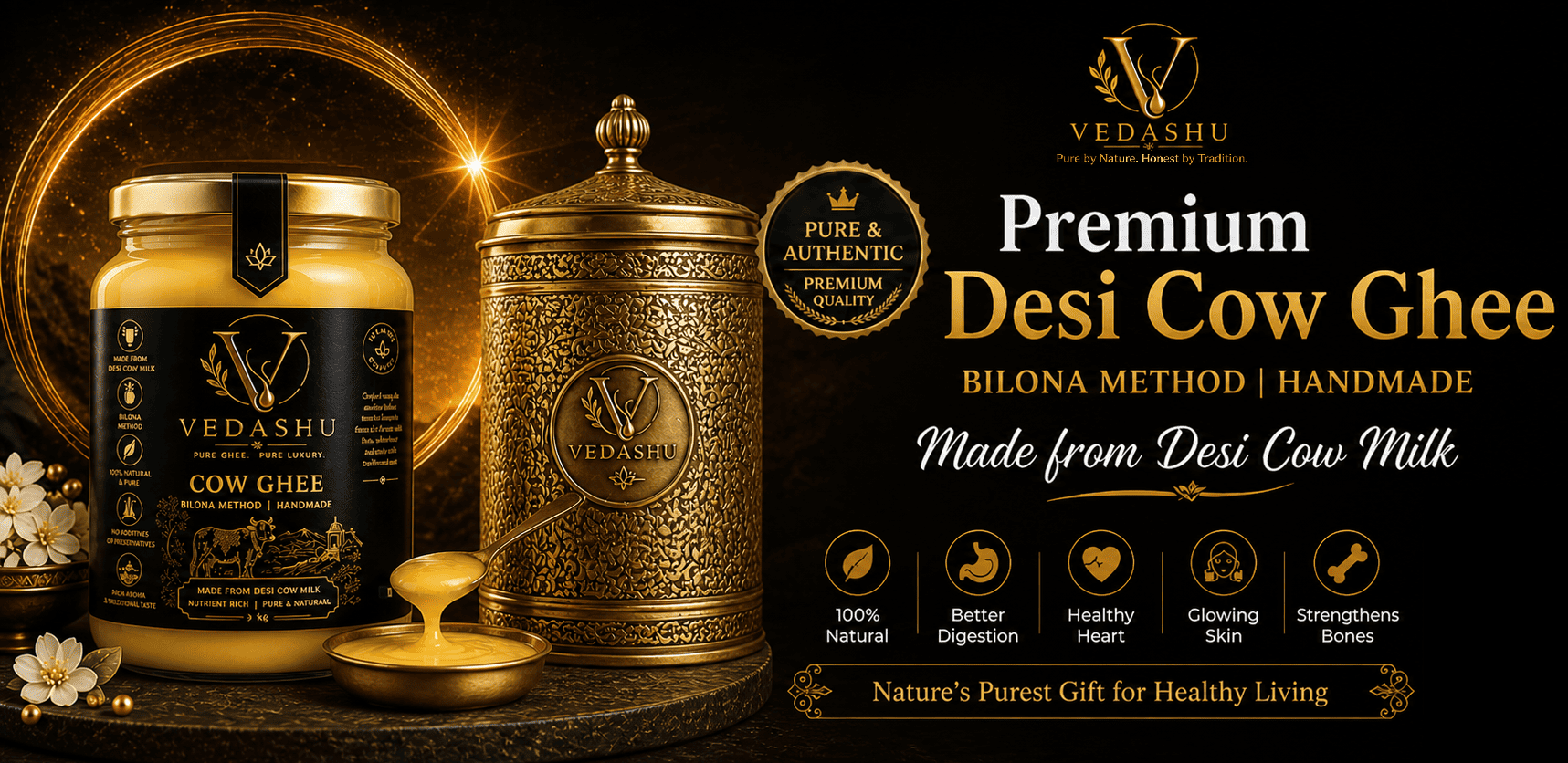 Vedashu Premium 1 kg pure desi cow ghee in traditional brass (pital) container – premium handcrafted ghee packaging.