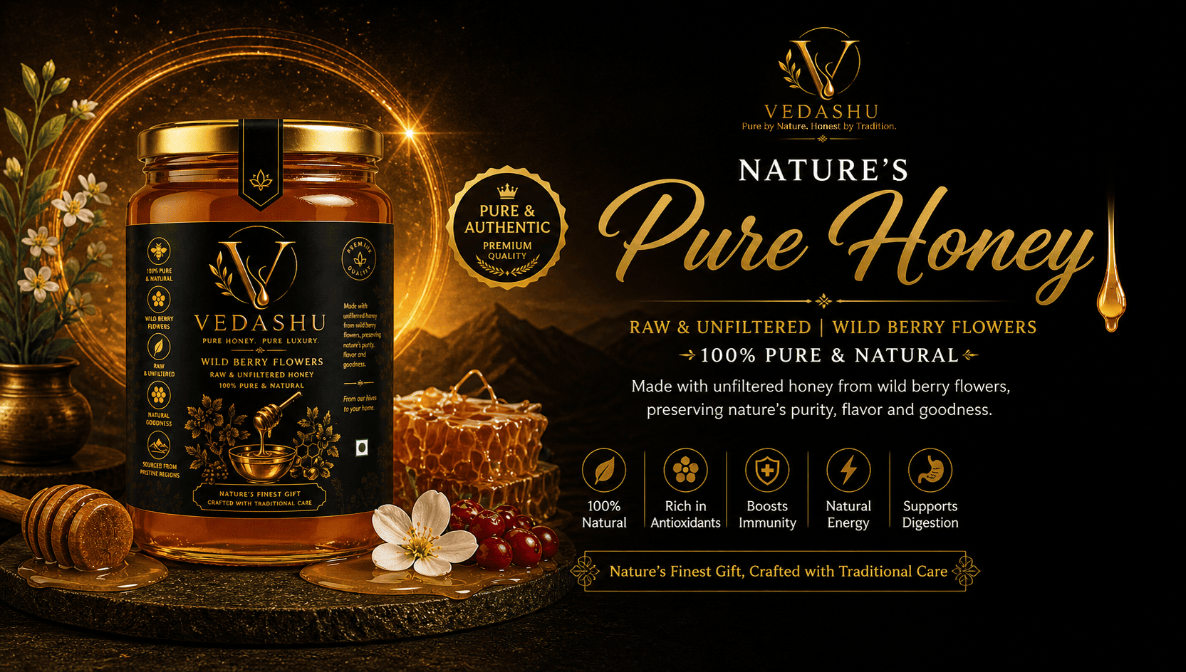 Vedashu Pure natural honey in premium glass jar – raw and unprocessed forest honey.