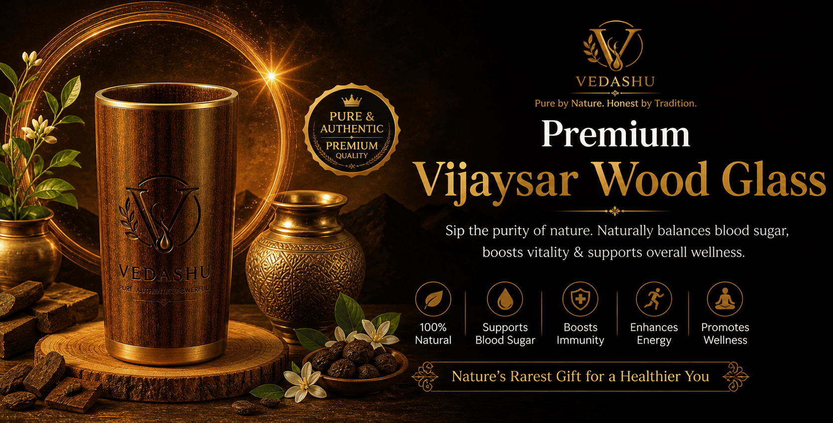Vijaysar Wooden Glass Ayurvedic Diabetes Control Tumbler by Vedashu