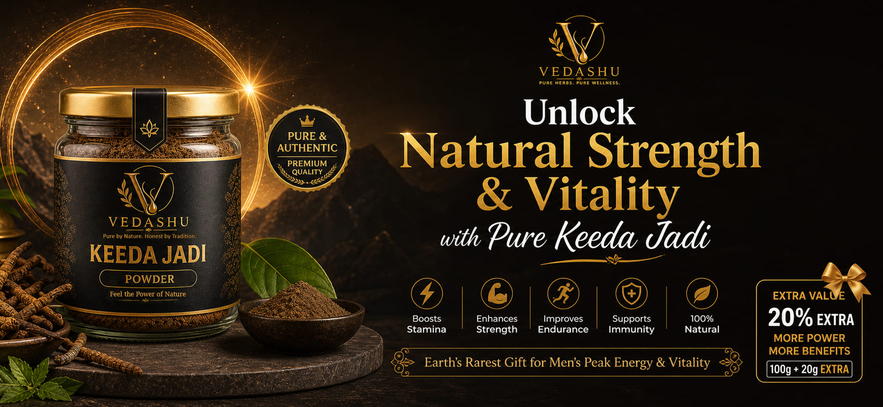 Vedashu Keeda Jadi Powder 120g – Natural Cordyceps for Stamina and Energy
