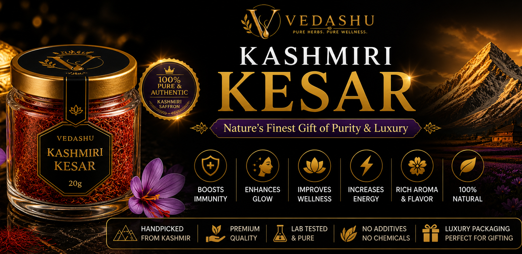 Vedashu Kashmiri Kesar 20g premium saffron in luxury glass jar with golden lid