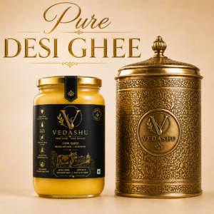 Vedashu Premium 1 kg pure desi cow ghee in traditional brass (pital) container – premium handcrafted ghee packaging.