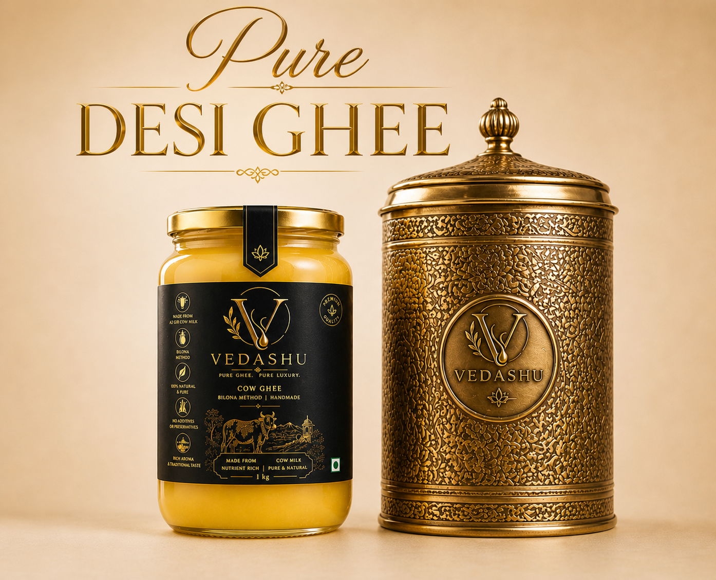 Vedashu Premium 1 kg pure desi cow ghee in traditional brass (pital) container – premium handcrafted ghee packaging.