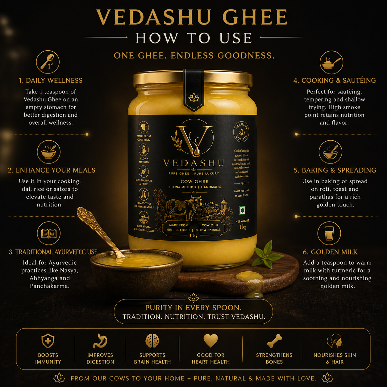Vedashu Premium 1 kg pure desi cow ghee in traditional brass (pital) container – premium handcrafted ghee packaging.