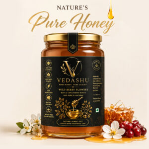 Vedashu Pure natural honey in premium glass jar – raw and unprocessed forest honey.