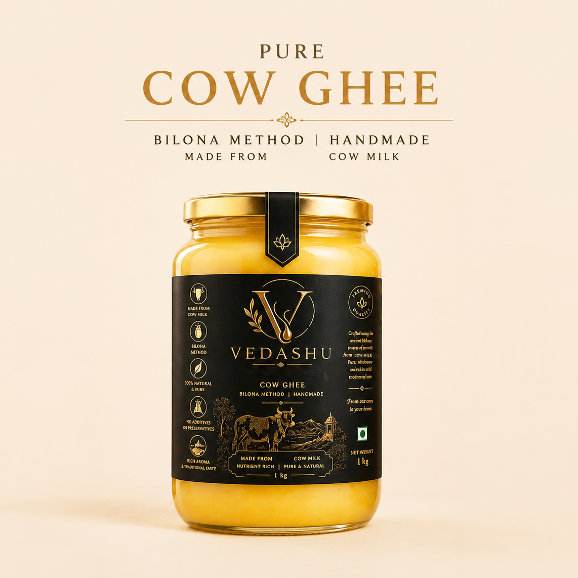 Vedashu Premium 1 kg pure desi cow ghee – premium handcrafted ghee packaging.