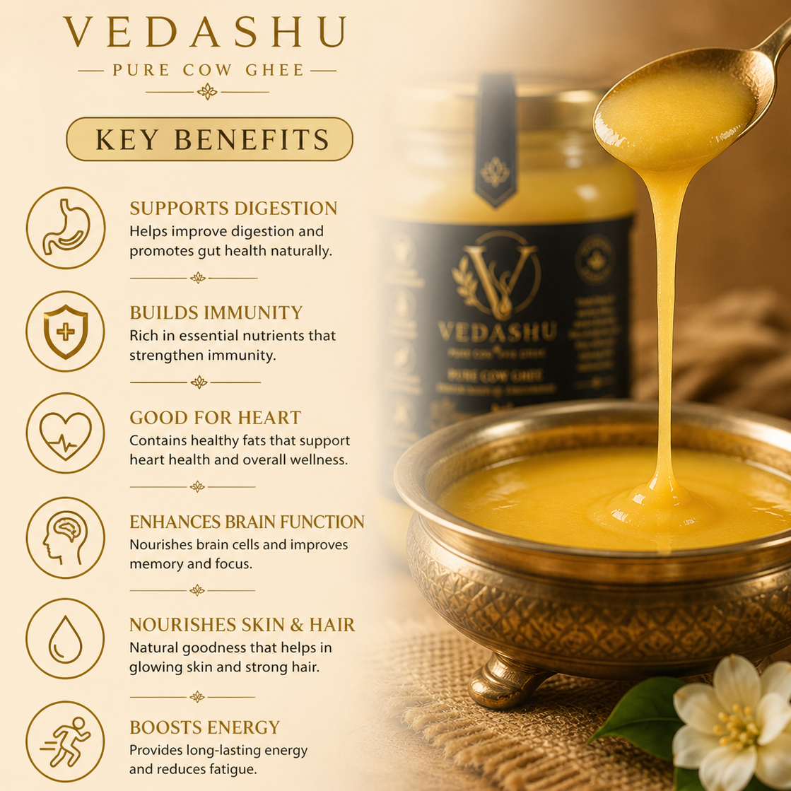 Vedashu Premium 1 kg pure desi cow ghee in traditional brass (pital) container – premium handcrafted ghee packaging.