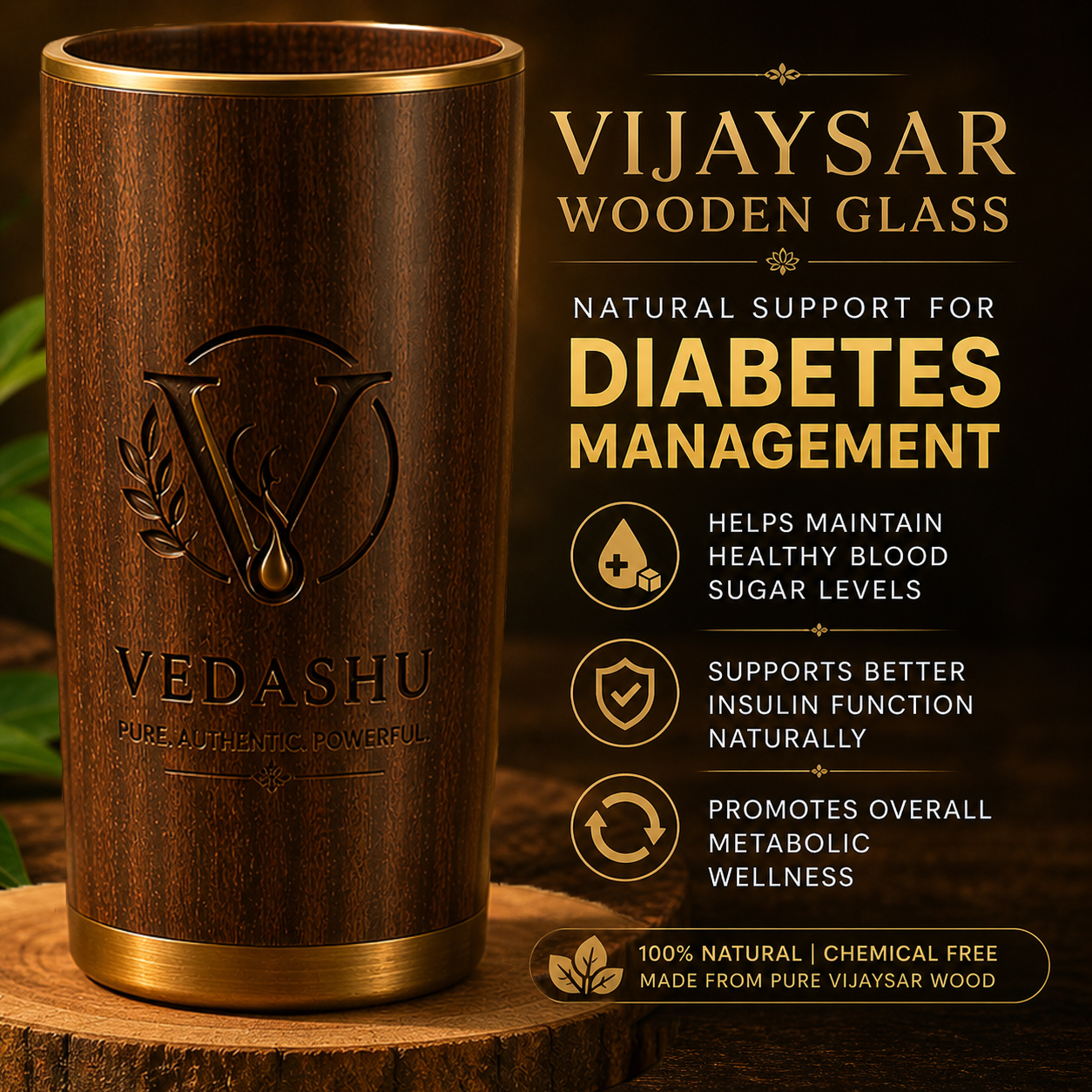Vijaysar Wooden Glass Ayurvedic Diabetes Control Tumbler by Vedashu