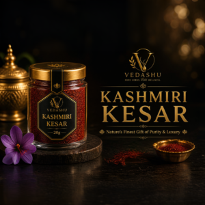 Vedashu Kashmiri Kesar 20g premium saffron in luxury glass jar with golden lid