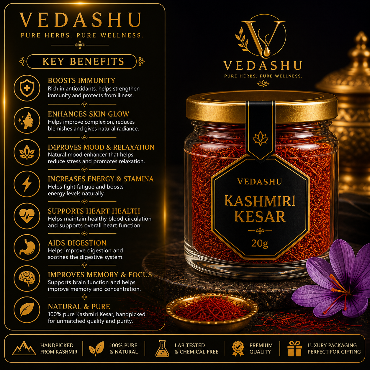 Vedashu Kashmiri Kesar 20g – Premium Pure Saffron | 100% Natural & Original Kashmiri Saffron - Image 2