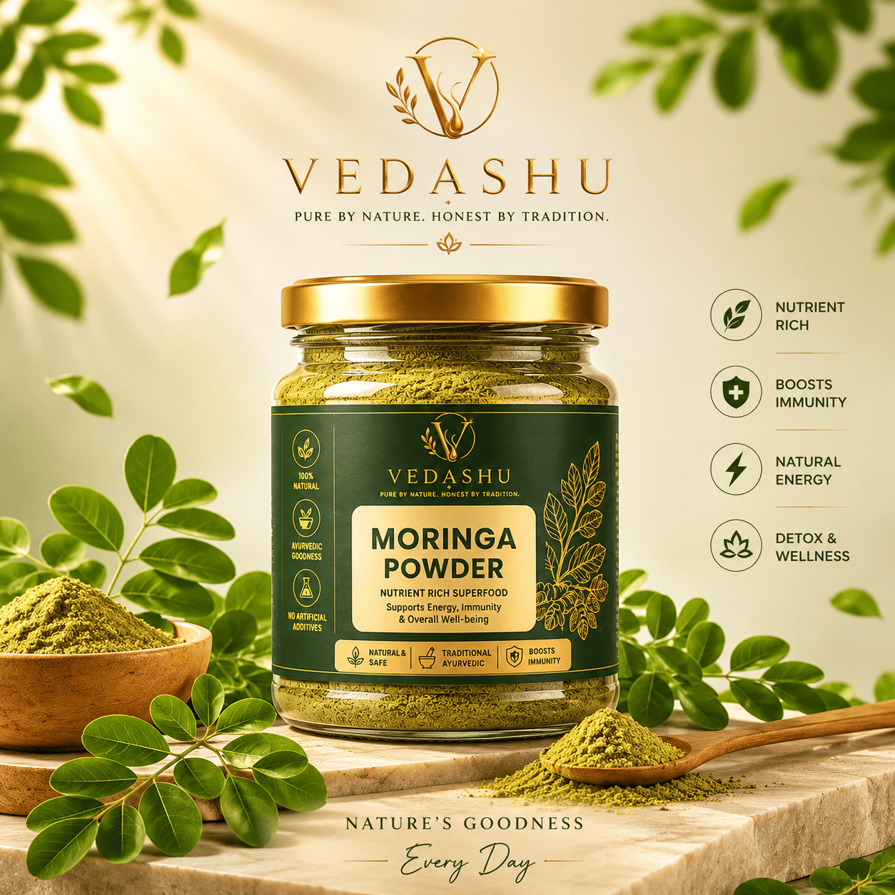 VEDASHU Moringa Powder natural Ayurvedic superfood rich in antioxidants and nutrients for immunity, energy, digestion, and daily wellness