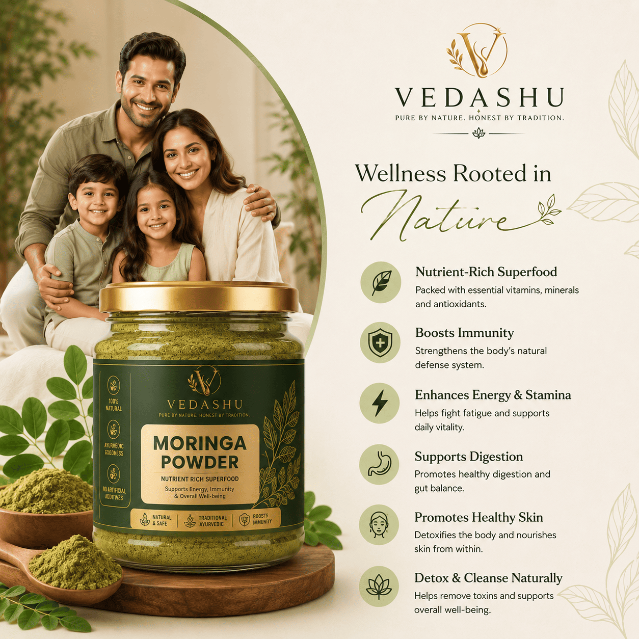 VEDASHU Moringa Powder natural Ayurvedic superfood rich in antioxidants and nutrients for immunity, energy, digestion, and daily wellness