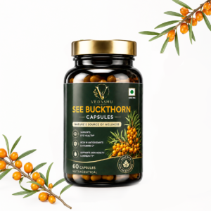 Premium Vedashu Sea Buckthorn Capsules bottle with gold cap on a clean minimal background showing daily usage instructions, immunity support, antioxidant benefits, and wellness icons with sea buckthorn berries decoration.