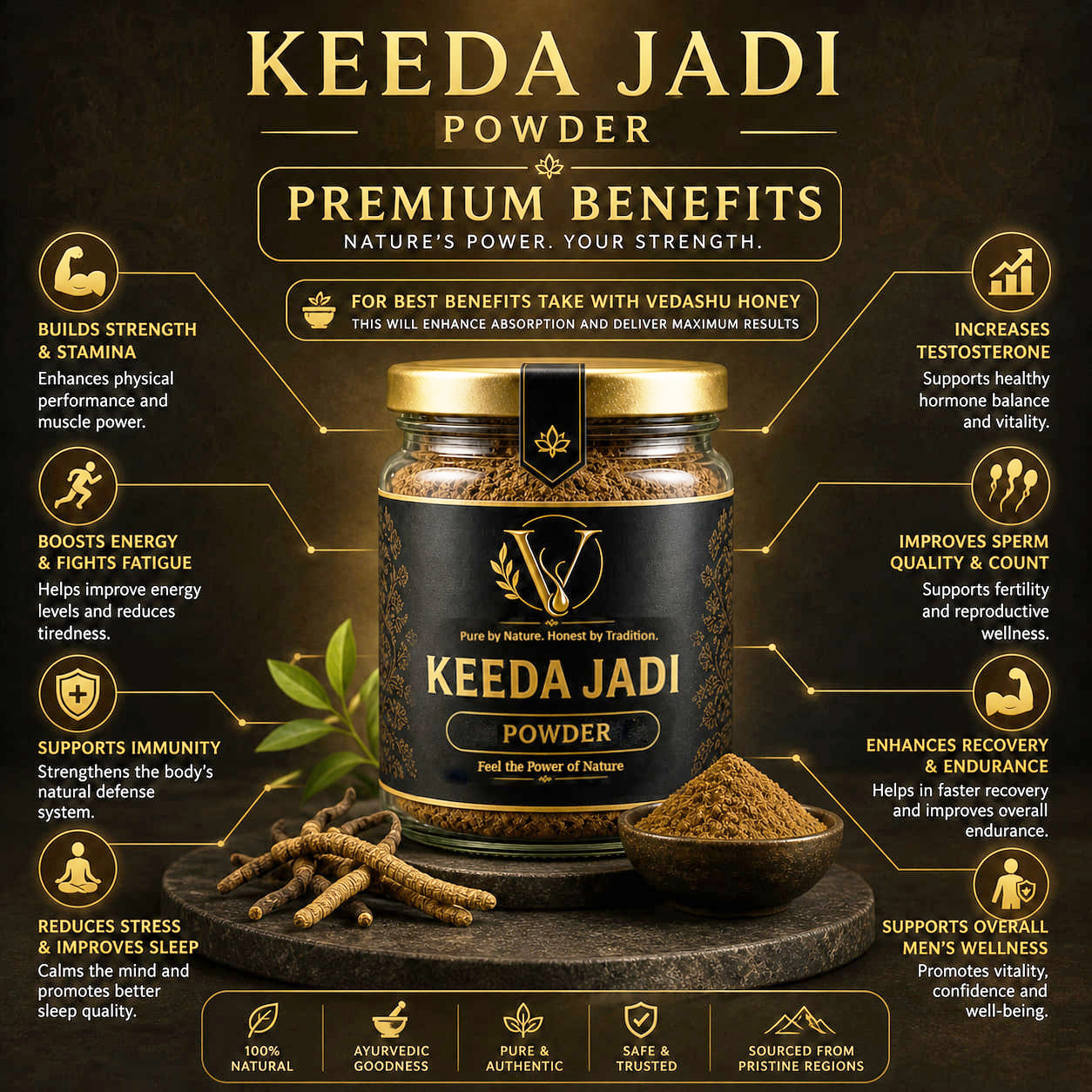 Vedashu Keeda Jadi Powder 100g +20g extra – Natural Cordyceps for Stamina and Energy