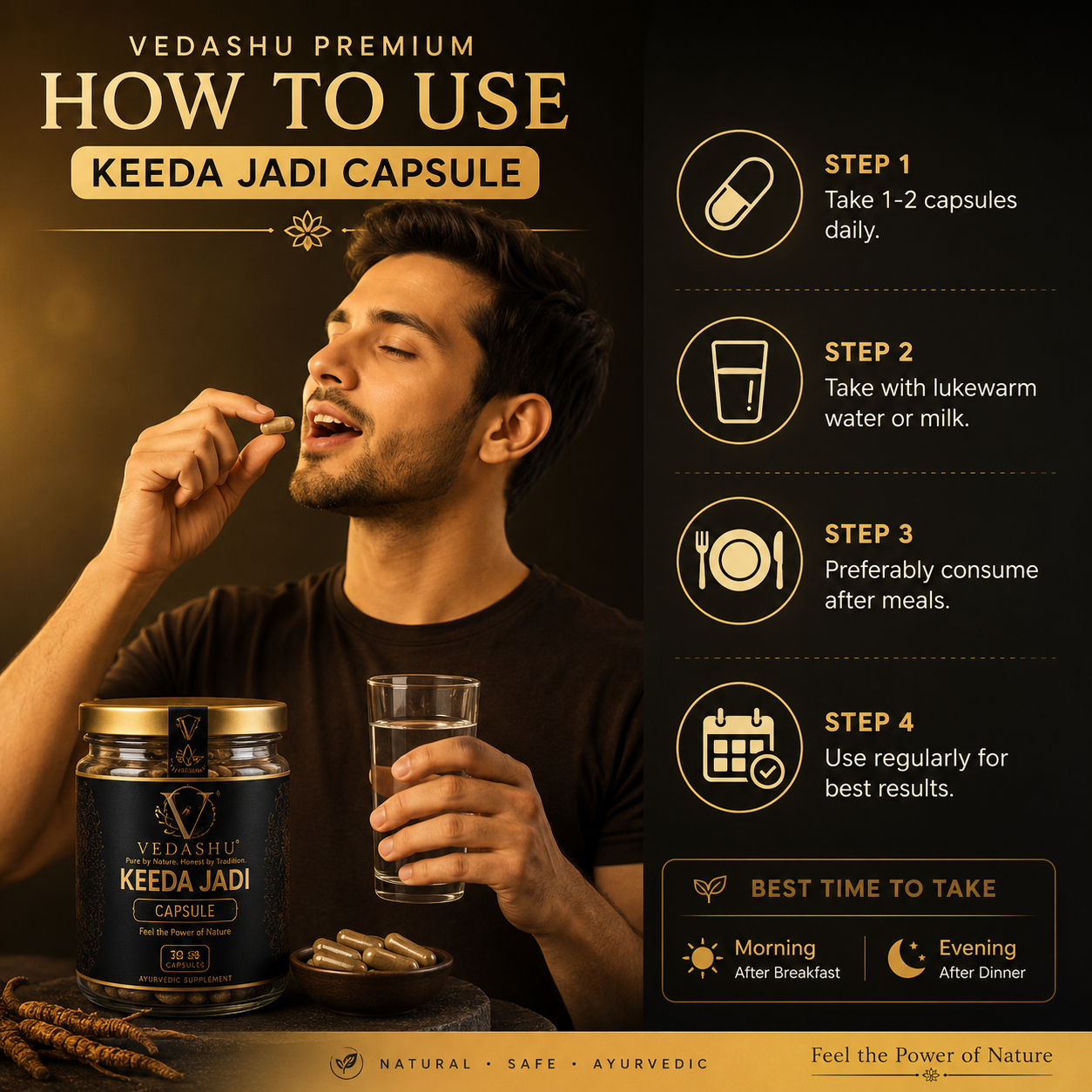 how to use Vedashu Premium Keeda Jadi Capsule – Natural Ayurvedic Wellness Formula