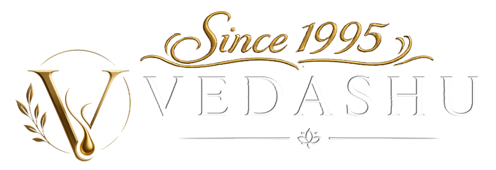 Vedashu Luxury Brand logo in gold and black premium circular emblem design