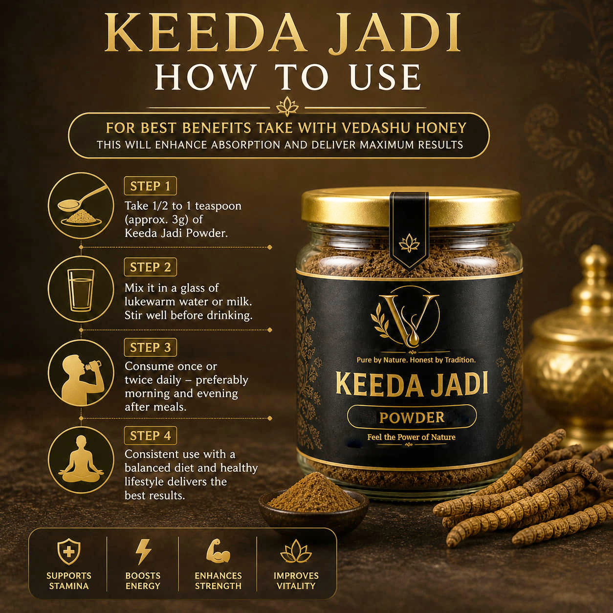 Vedashu Keeda Jadi Powder 100g +20g extra – Natural Cordyceps for Stamina and Energy