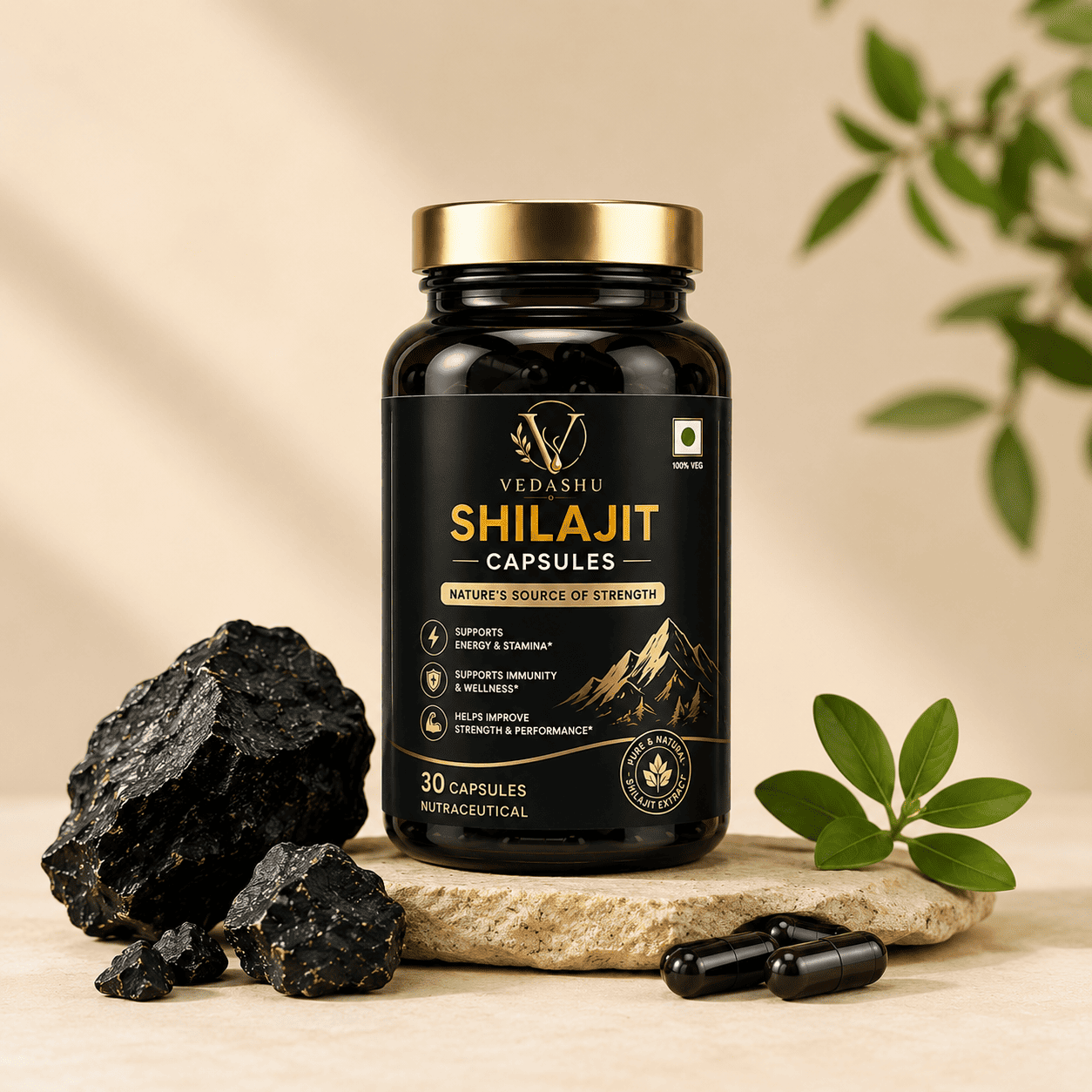 Vedashu Shilajit Capsules 500mg with Ayurvedic herbs for strength, stamina, energy and vitality – 30 capsules