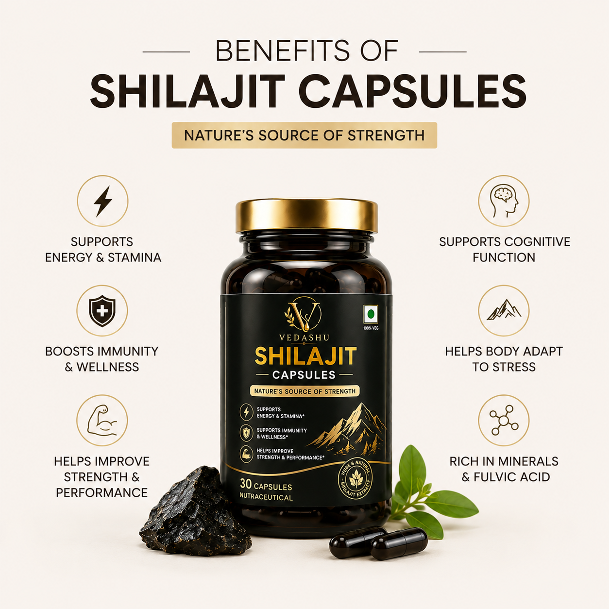 Benefits of Vedashu Shilajit Capsules for energy, stamina, endurance, strength and overall wellness