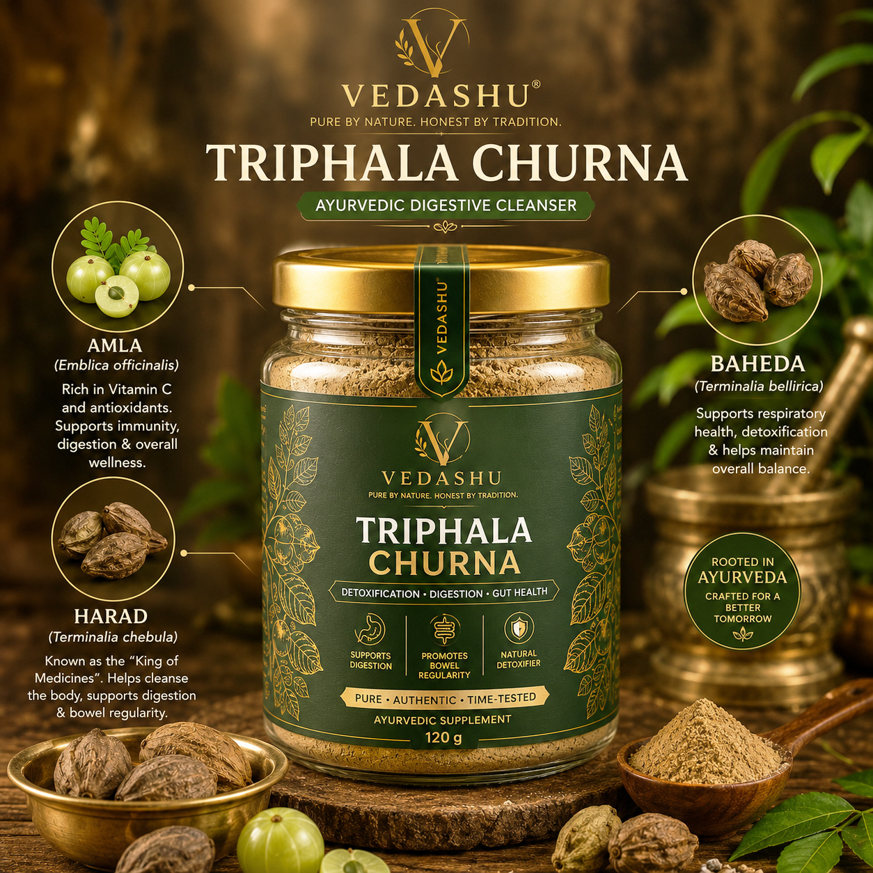 Natural Ingredients of Vedashu Triphala Churna Including Amla Harad and Baheda Ayurvedic Fruits