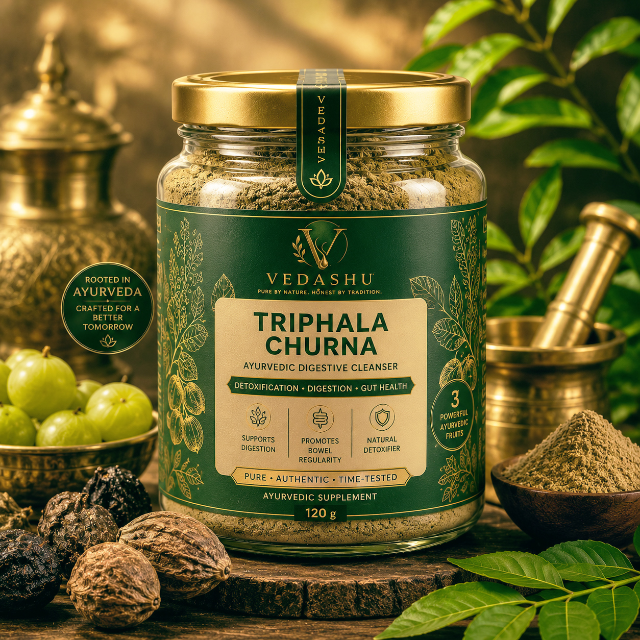 Vedashu Triphala Churna Ayurvedic Herbal Powder with Amla Harad and Baheda for Digestive Wellness and Gut Health